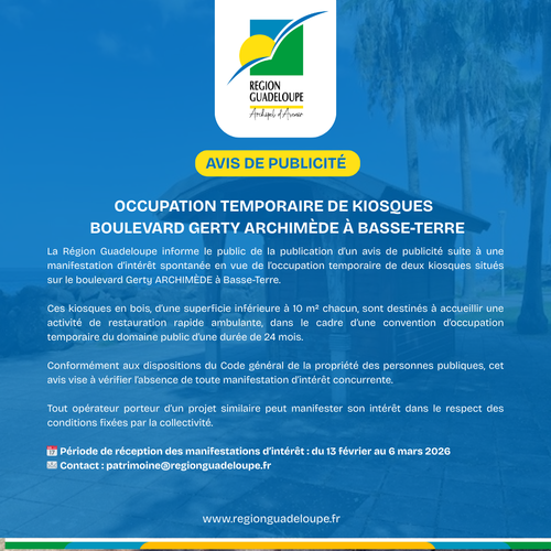 Région Guadeloupe-Occupation temporaire de kiosques – Boulevard Gerty Archimède à Basse-Terre